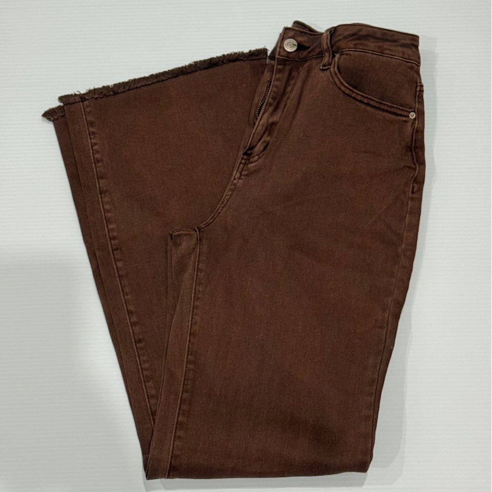 Zenana Womens High Waisted Flare Jeans Brown Raw Hem Distressed Pants